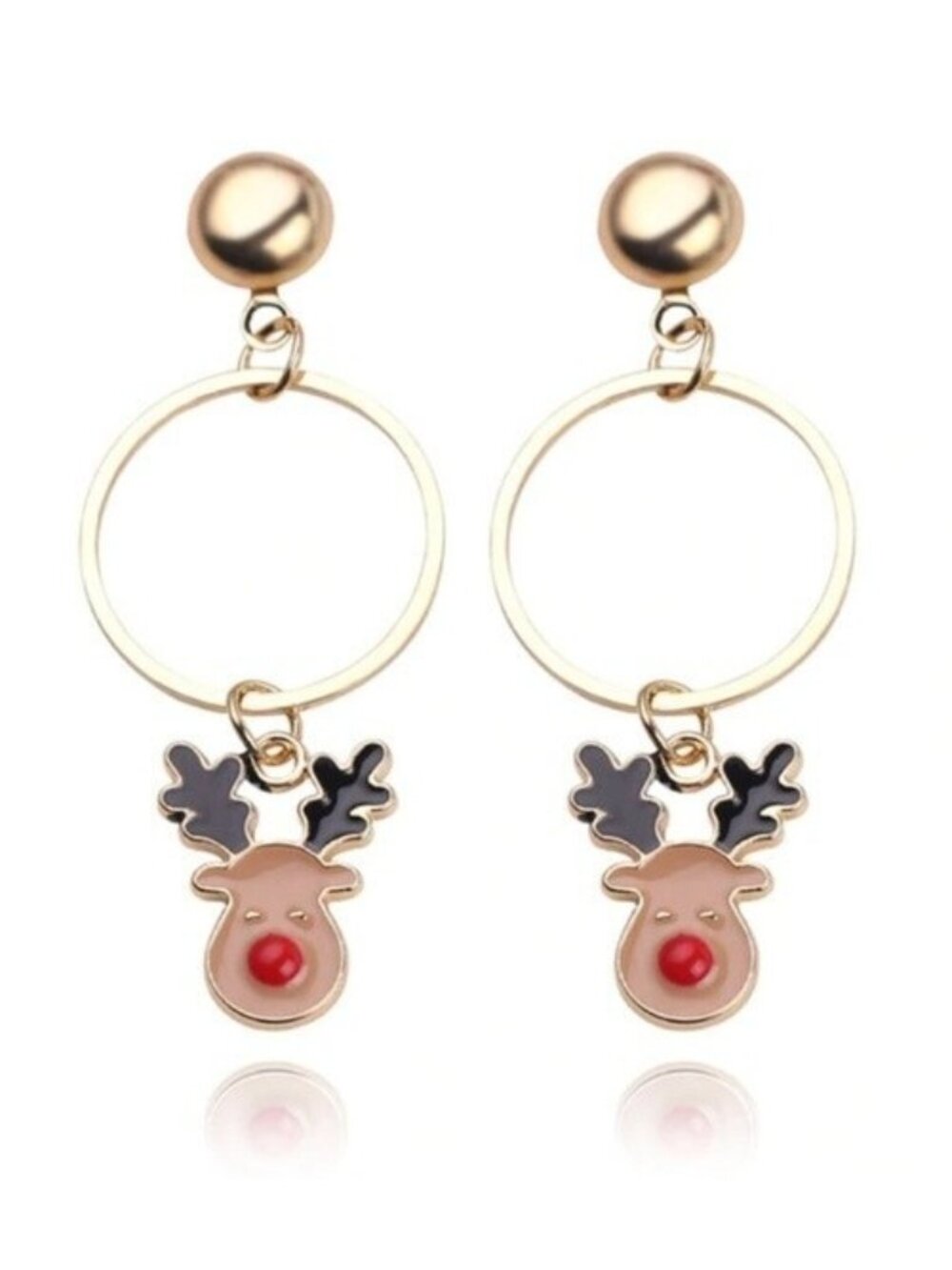 Brown Reindeer Christmas Gold Dangle Enamel Earrings